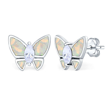 Butterfly Stud Earrings Lab Created White Opal 925 Sterling Silver (8mm)